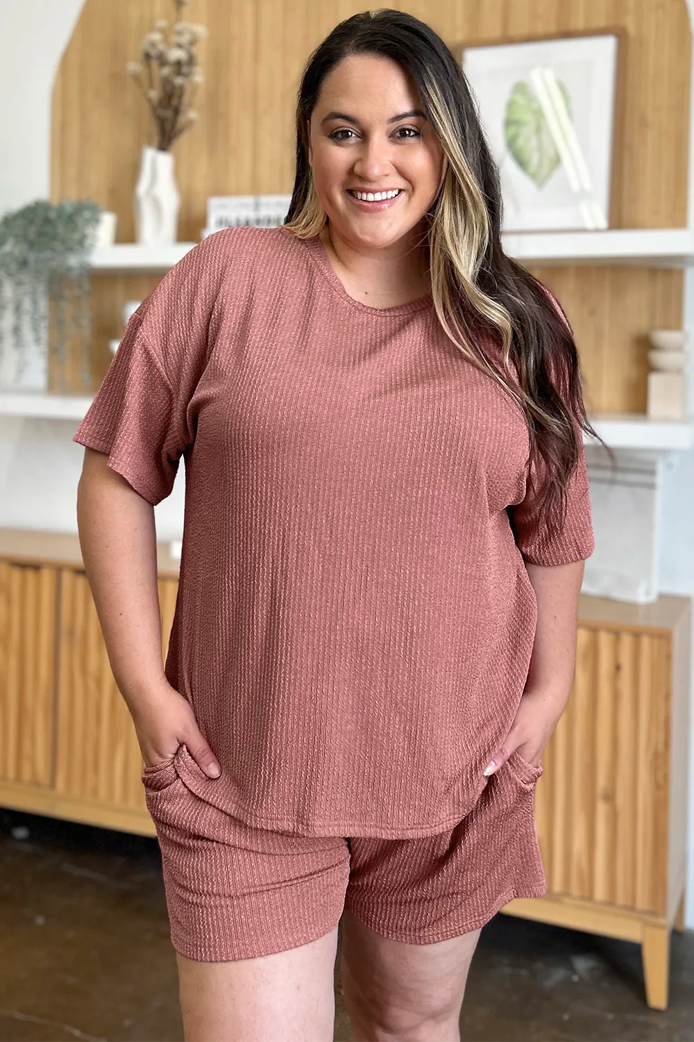 Double Take Full Size Round Neck Short Sleeve T-Shirt and Shorts Set - CHIC TB