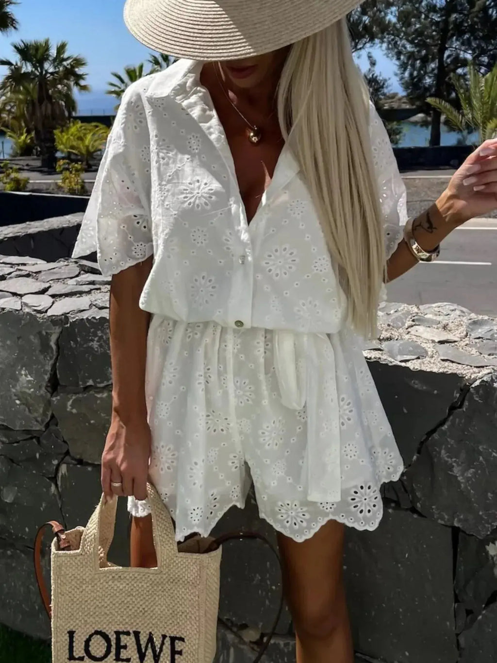 Eyelet Lace Button-Up Romper.