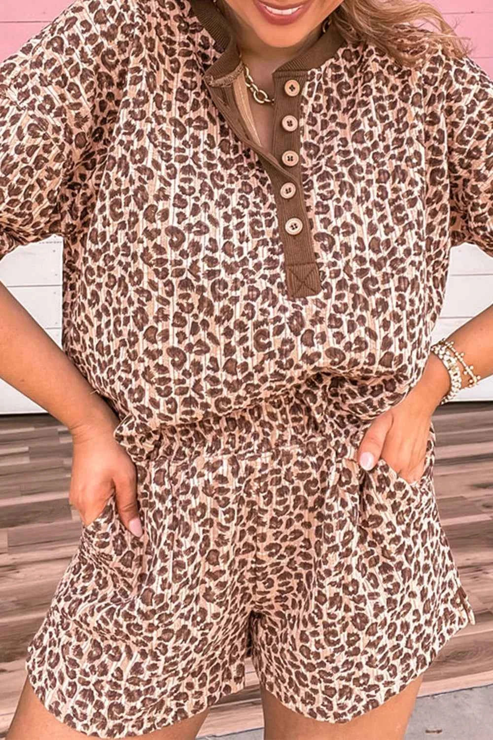 Leopard Print Ribbed Patchwork Half Button Loose Tee Elastic Waist Short 2pcs Set
