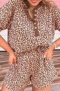 Leopard Print Ribbed Patchwork Half Button Loose Tee Elastic Waist Short 2pcs Set
