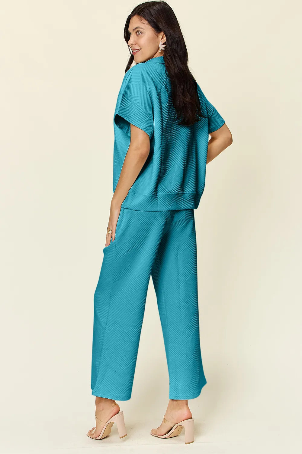 Double Take Full Size Texture Half Zip Short Sleeve Top and Pants Set - CHIC TB