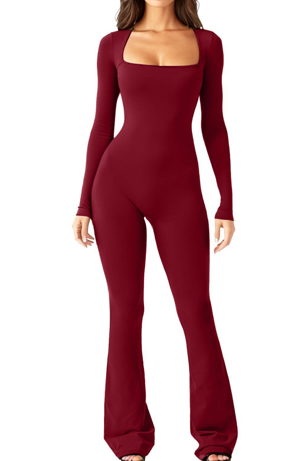 Women's Long Sleeve Waist-Cinching High-Elastic Square Neck Wide-Leg Jumpsuit