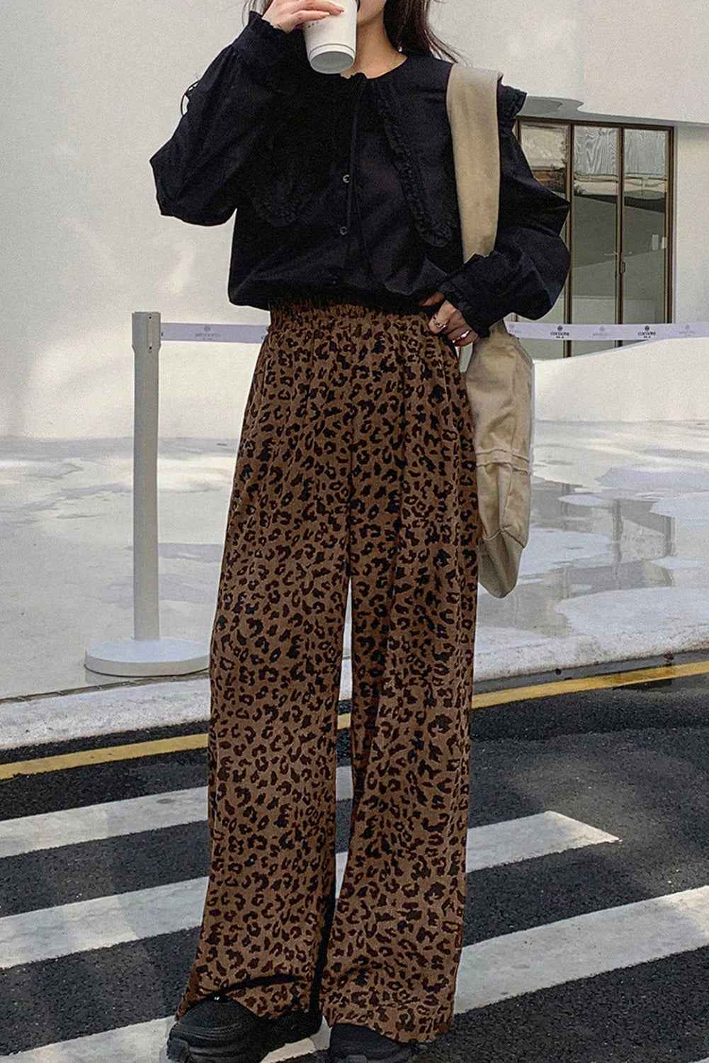 Dark Brown Leopard Print Elastic High Waist Loose Corduroy Pants