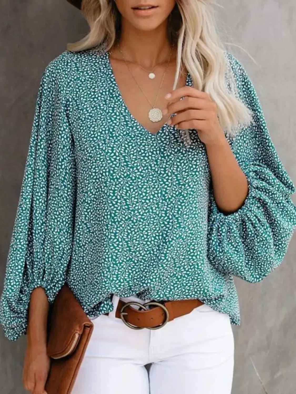 Printed V-Neck Long Sleeve Blouse.