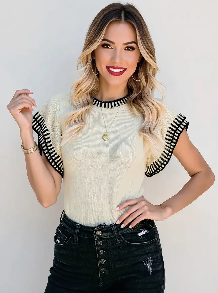 Contrast Trim Cap Sleeve Sweater.