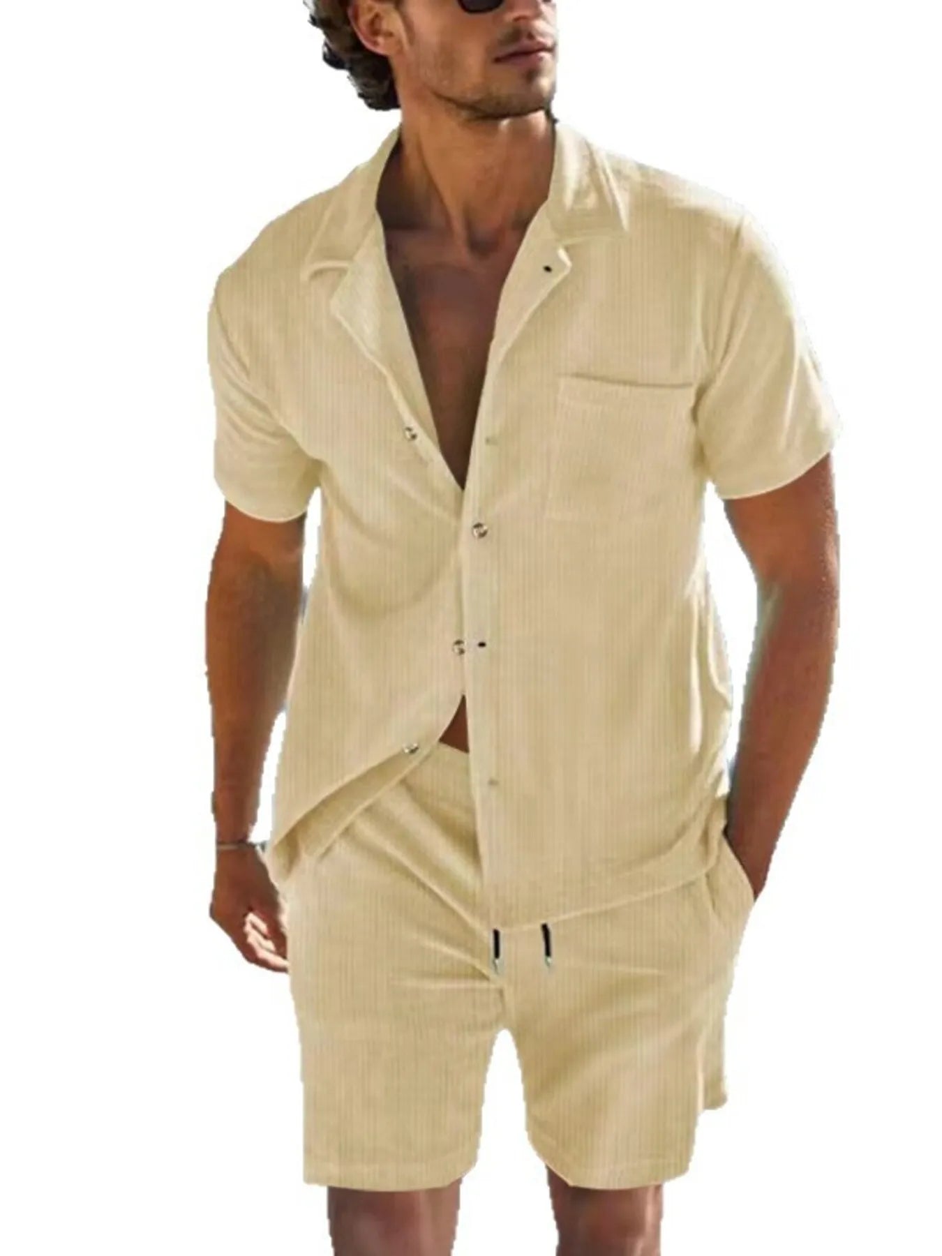 Men's Button Detail Short Sleeve Top and Shorts Set Plus Size.