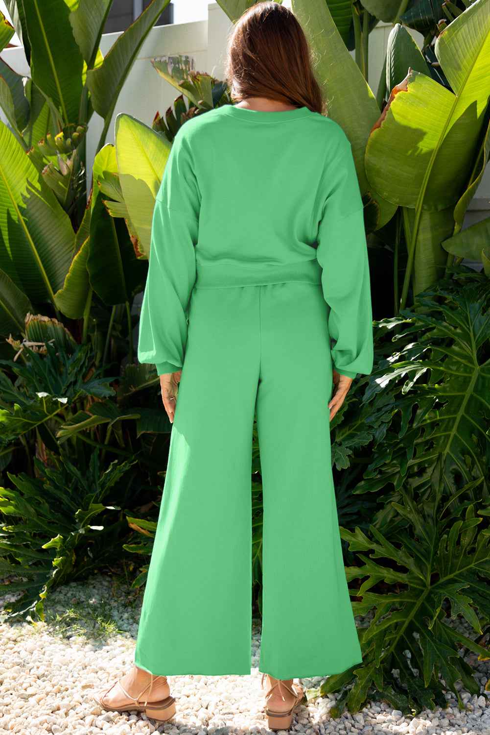 Bright Green Drop Shoulder Puff Sleeve Crop Pullover Drawstring Wide Leg Pants Set