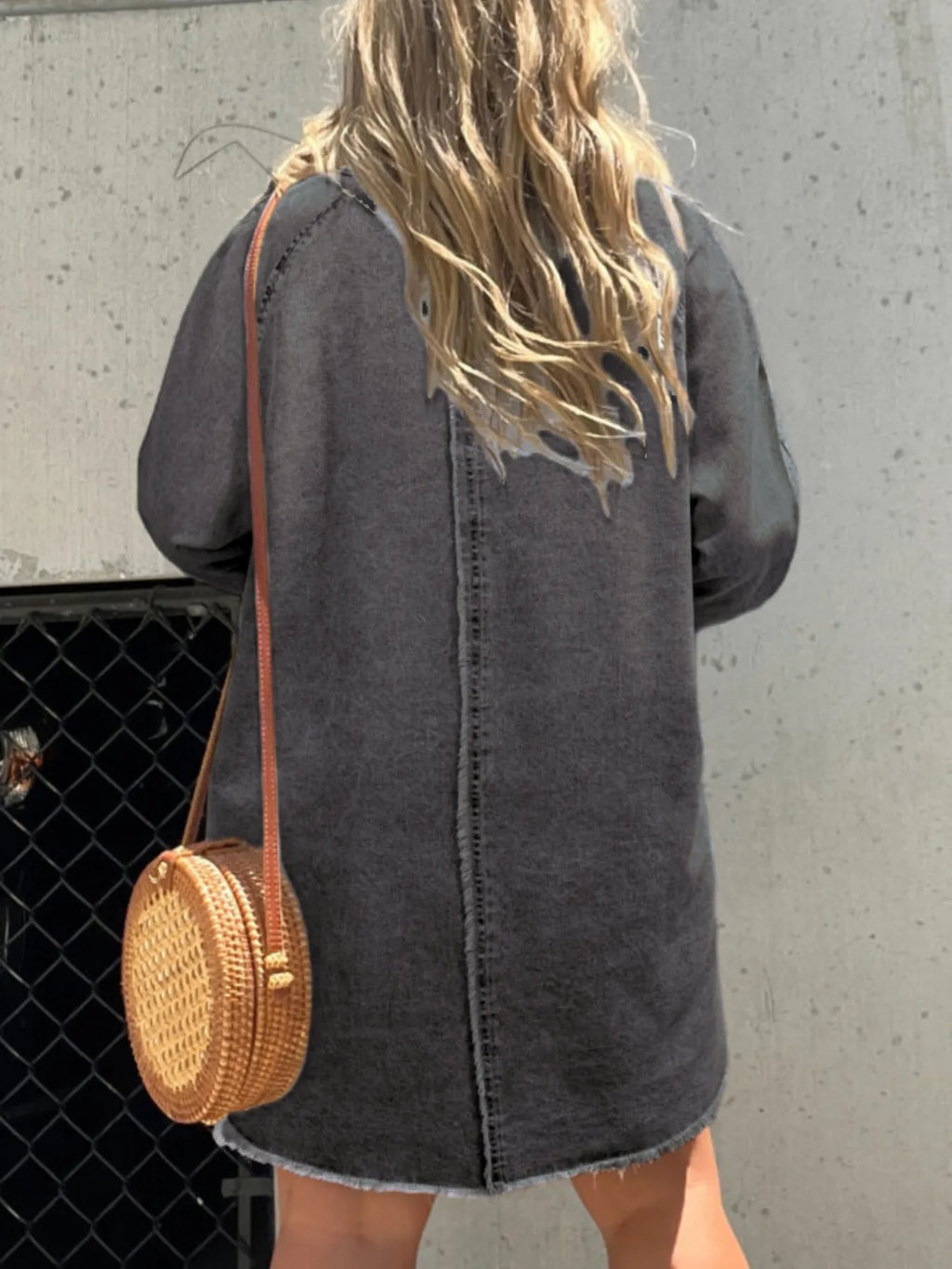 Full Size Button-Front Long Sleeve Denim Shirt Dress Plus Size.