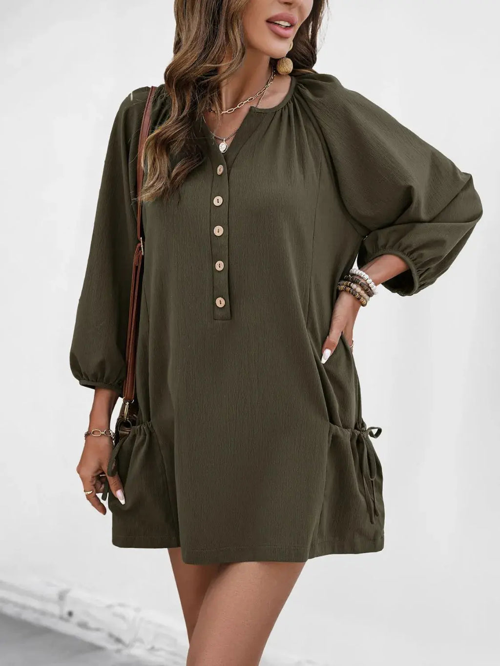 Button Front Balloon Sleeve Dress.