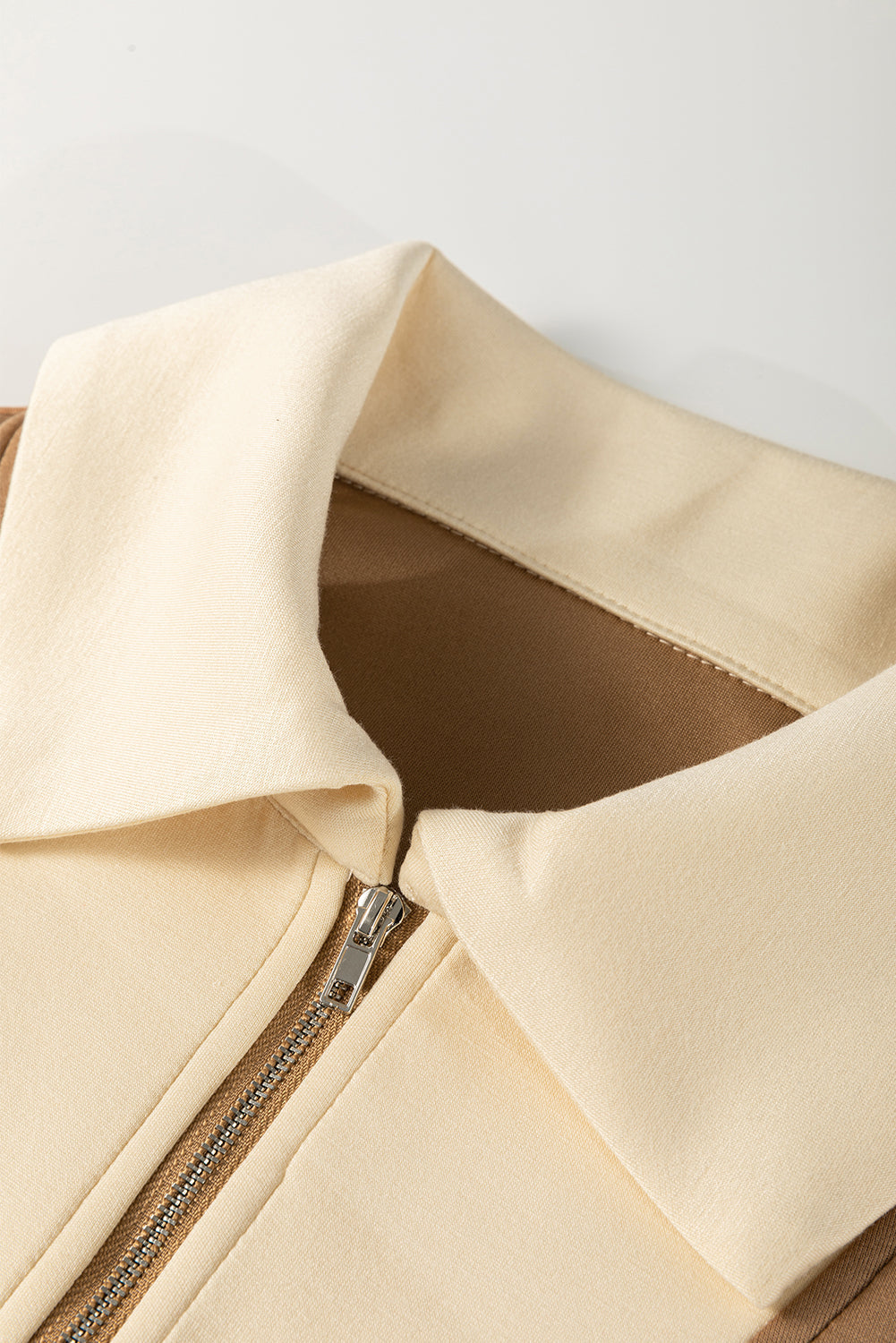 Simply Taupe Half Zipper Collared Colorblock Short Sleeve Top Dear-Lover Dropshipping