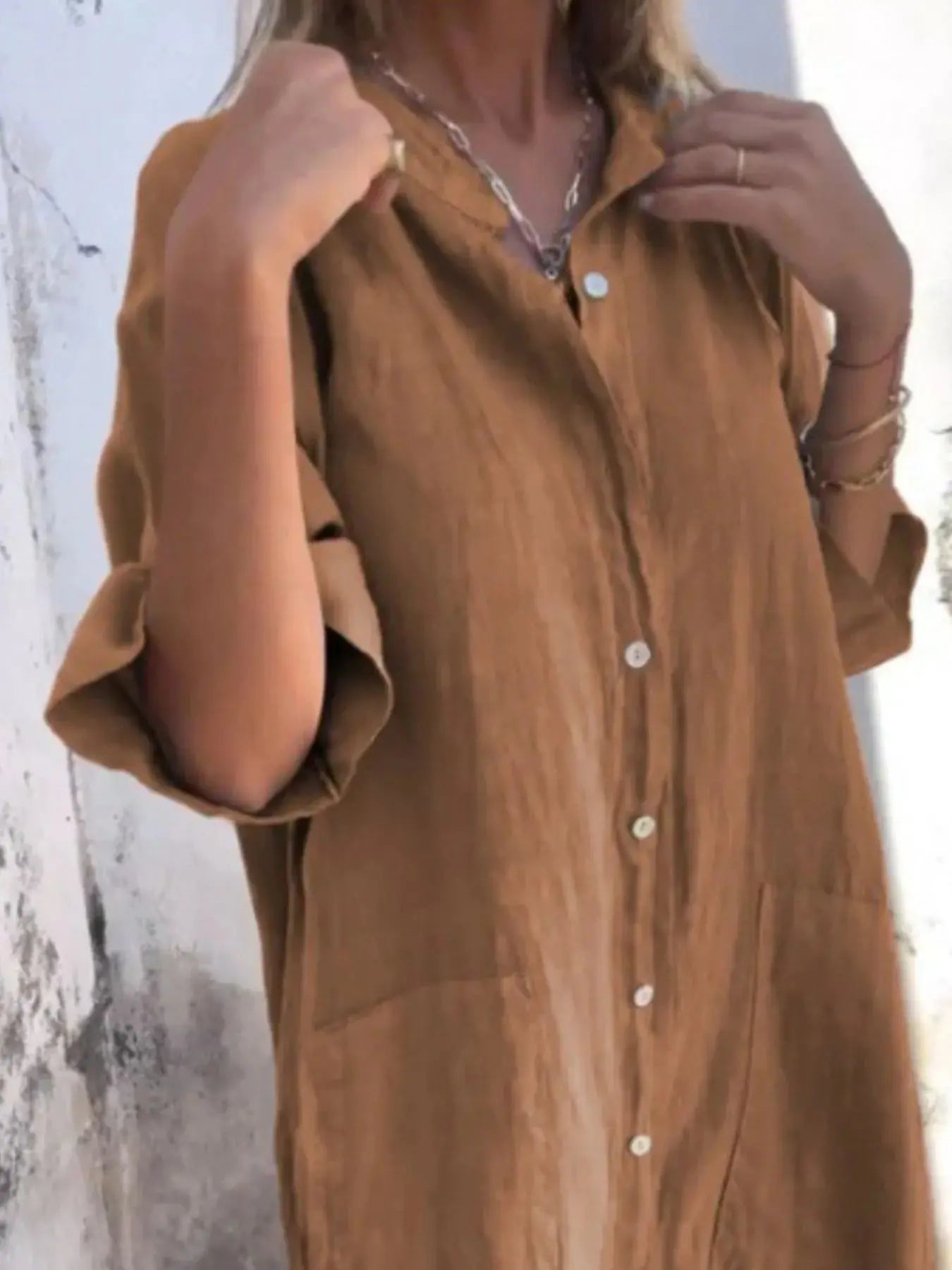 Full Size Casual Linen Button-Down Shirt Dress Plus Size.