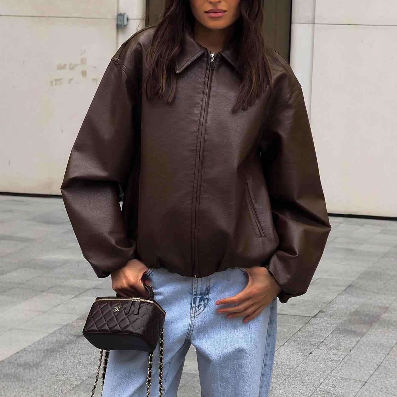 Zipper style faux leather jacket for women's clothing