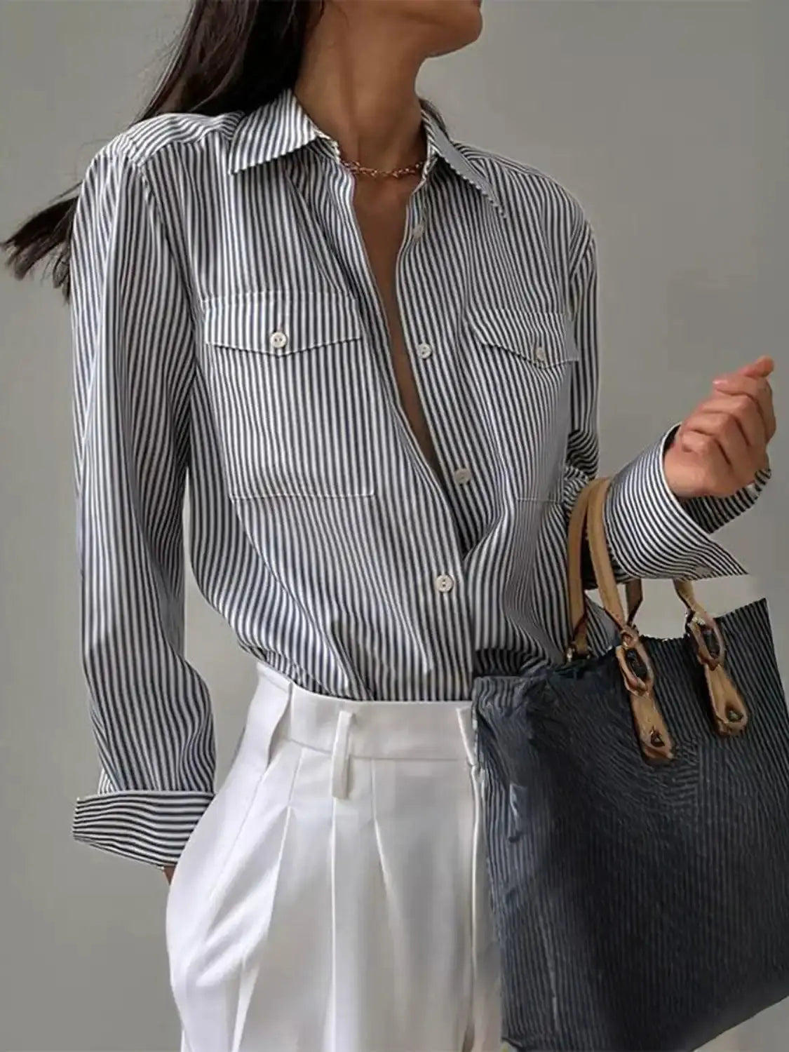 Striped Collared Neck Long Sleeve Shirt.