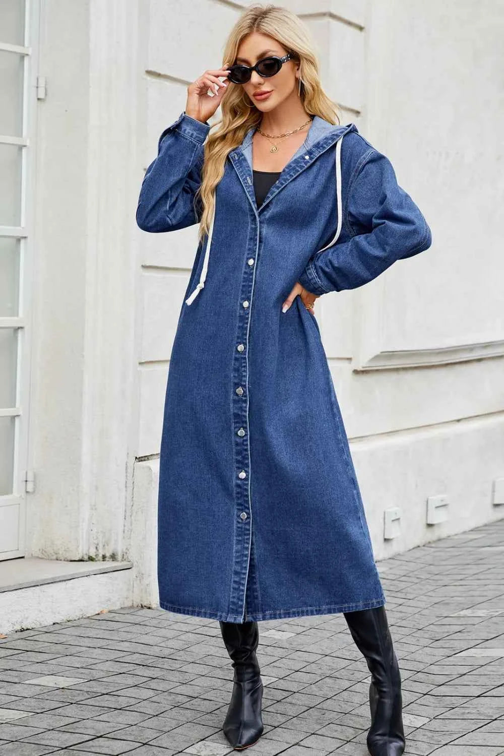 Button Up Long Sleeve Longline Hooded Denim Outerwear.