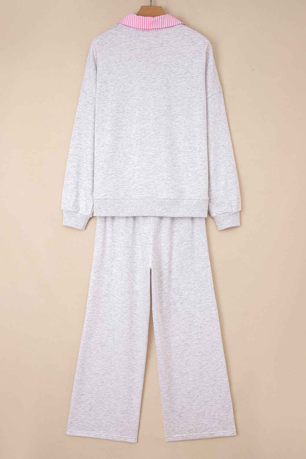 Light Grey 2pcs Contrasted Trim Frilled Collar Drop Shoulder Pullover Drawstring Pant Set