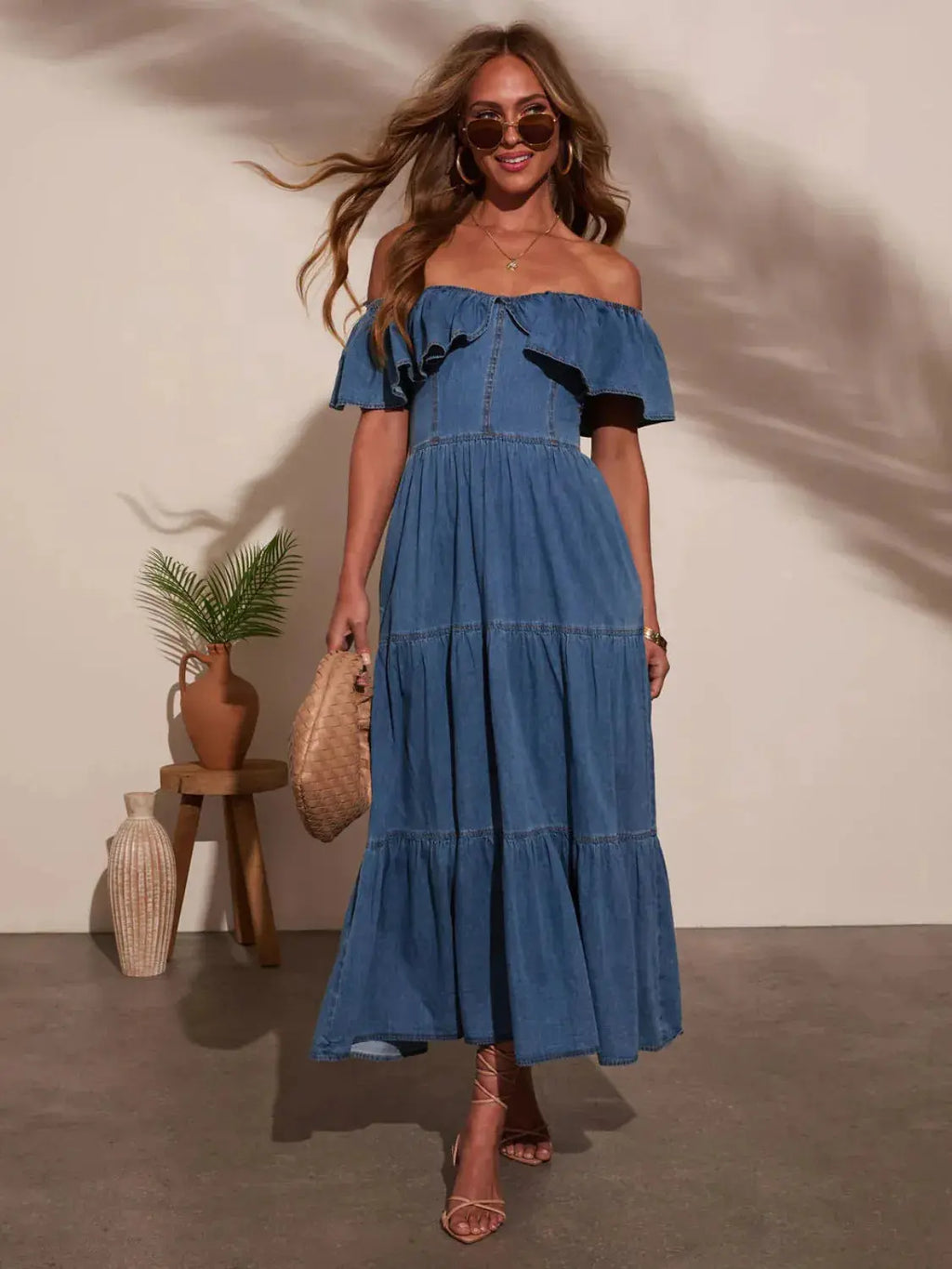 Off Shoulder Ruffle Tiered Denim Dress.