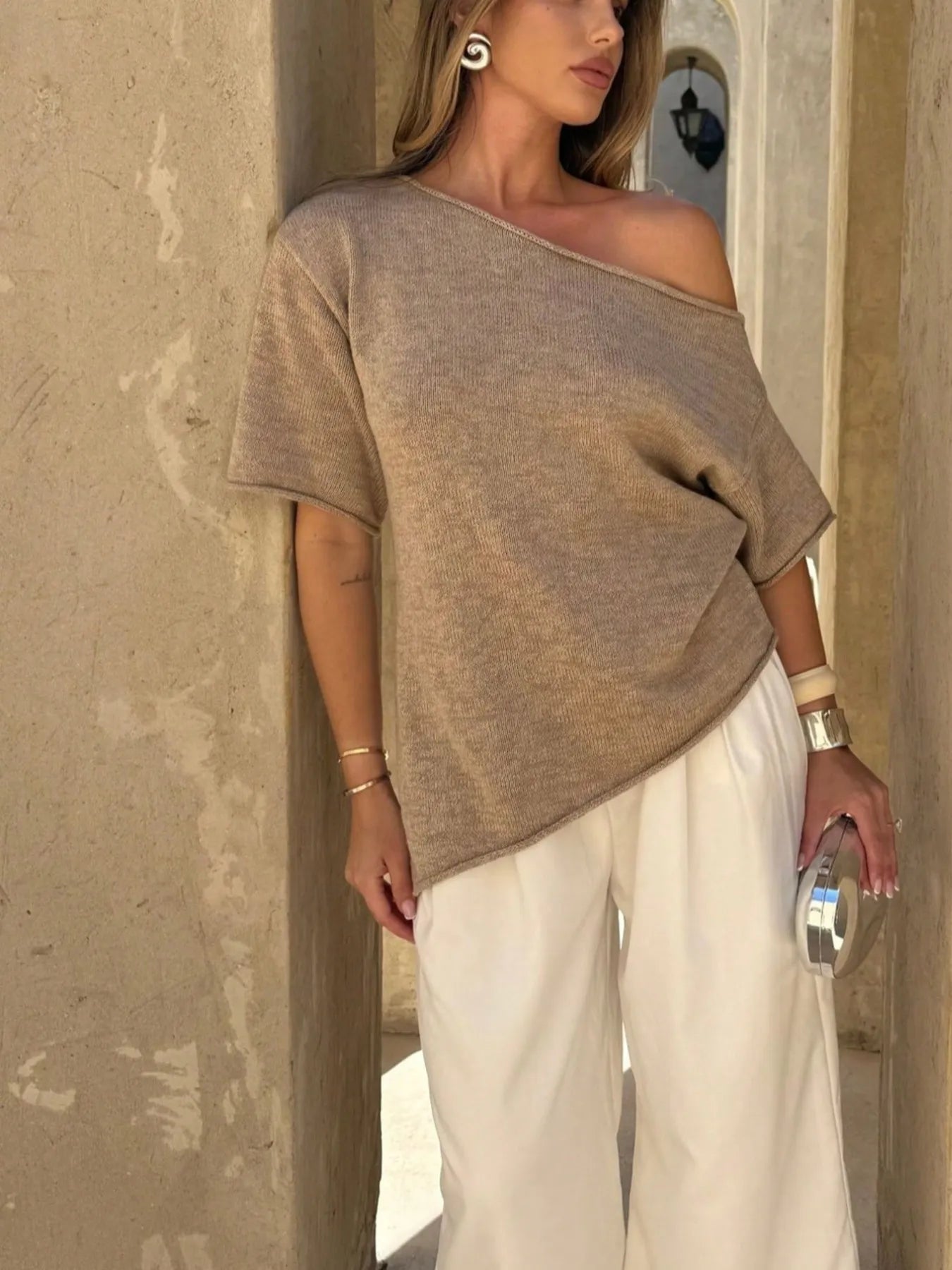 Single Shoulder Relaxed Fit Knit Top.
