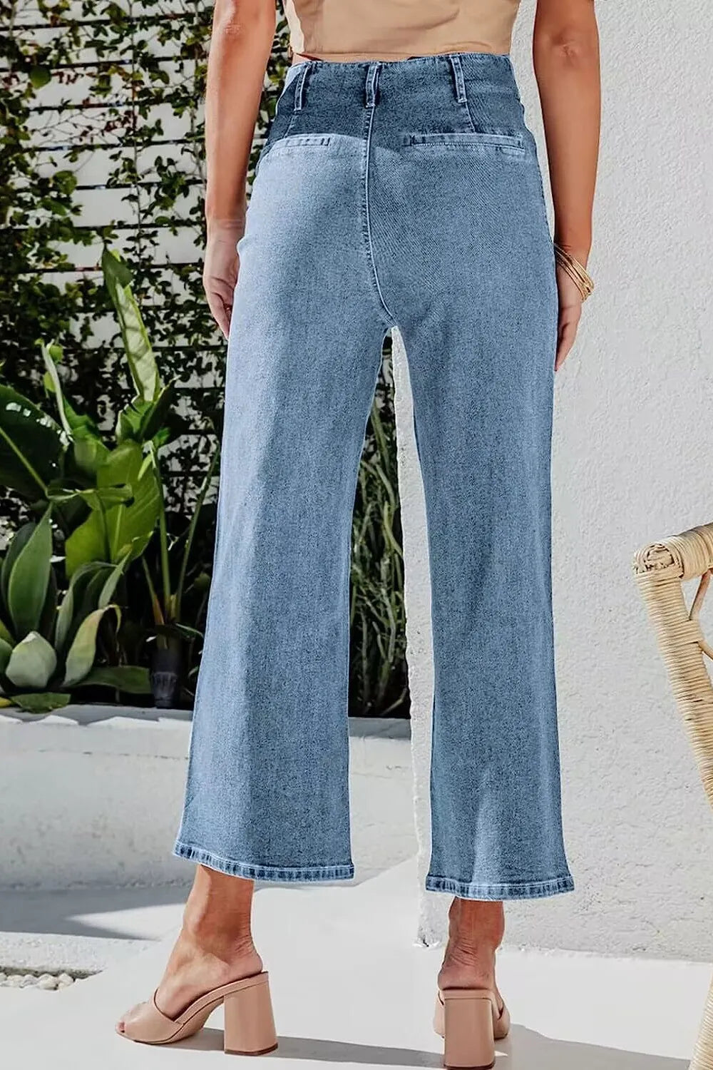 Button Fly Cropped Wide Leg Jeans.