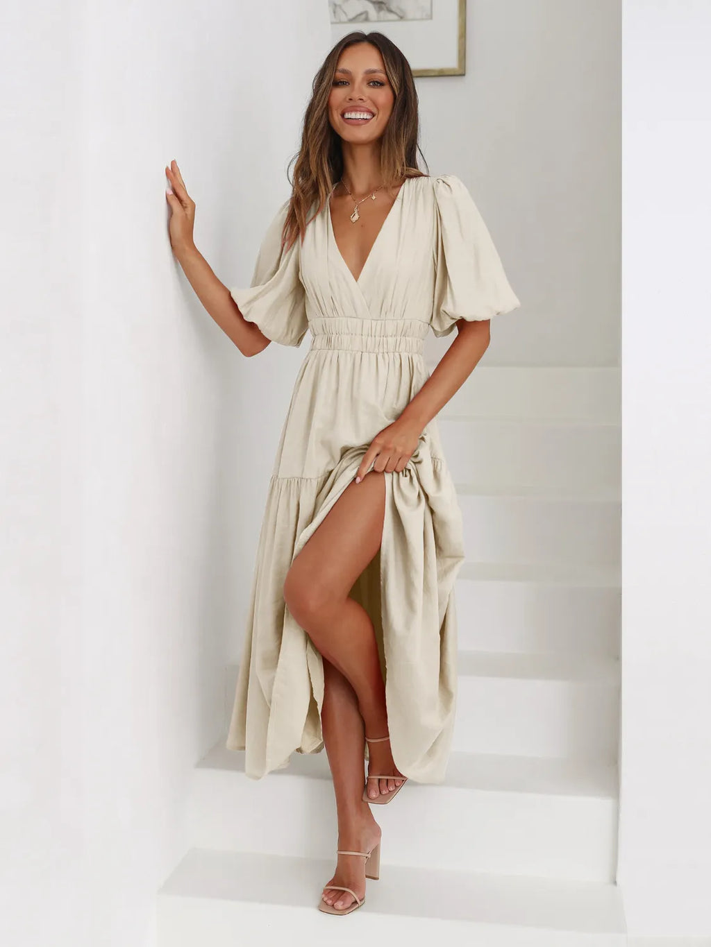 Tiered Surplice Half Sleeve Midi Dress.