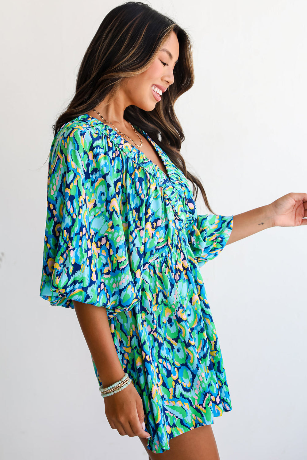 Green Abstract Print Puff Sleeve V Neck High Waist Romper Dear-Lover Dropshipping