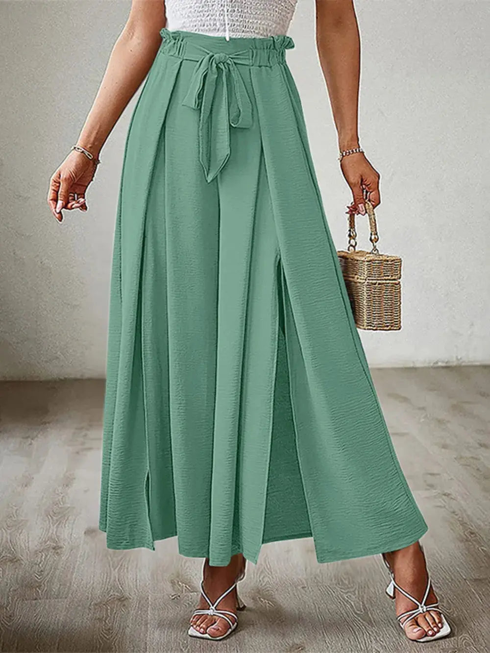 Tied Slit Wide Leg Pants.