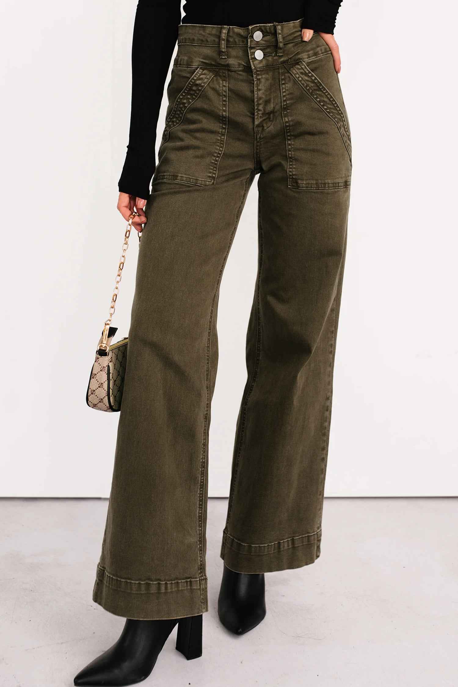 Jungle Green Double Waistband Loose Straight Jeans
