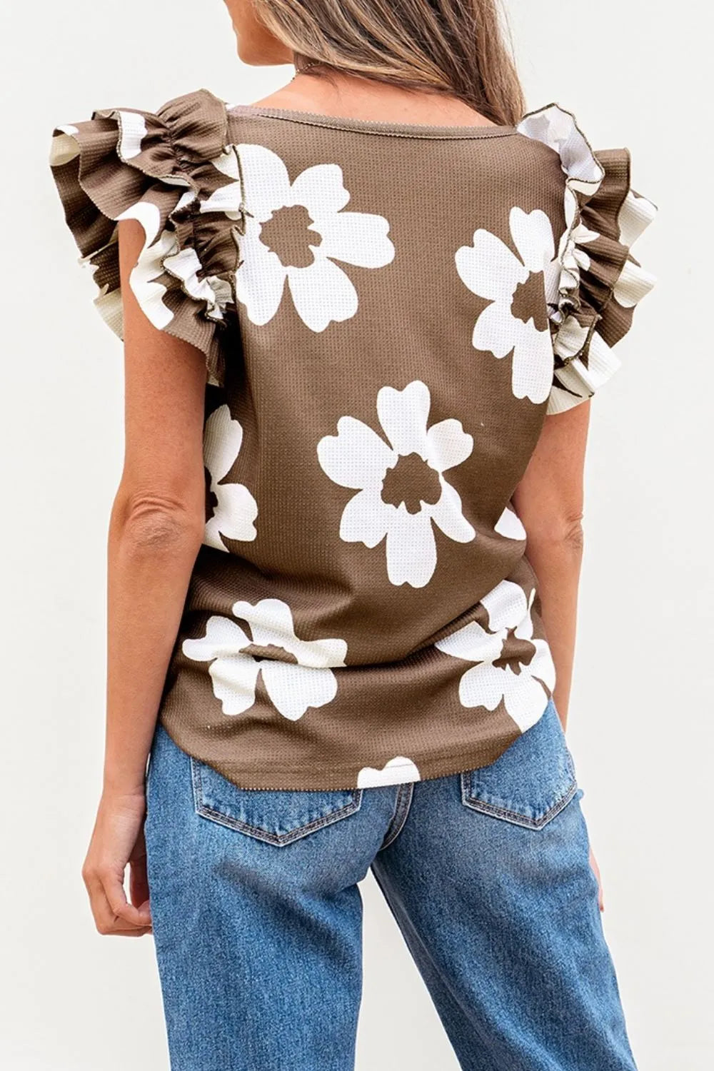 Floral Textured Ruffled Cap Sleeve Blouse.