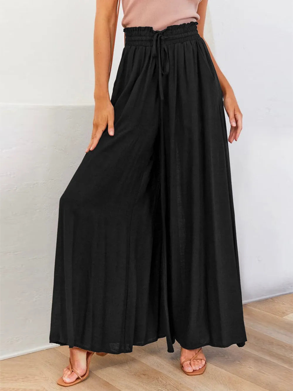 Drawstring Wide Leg Pants with Pockets.