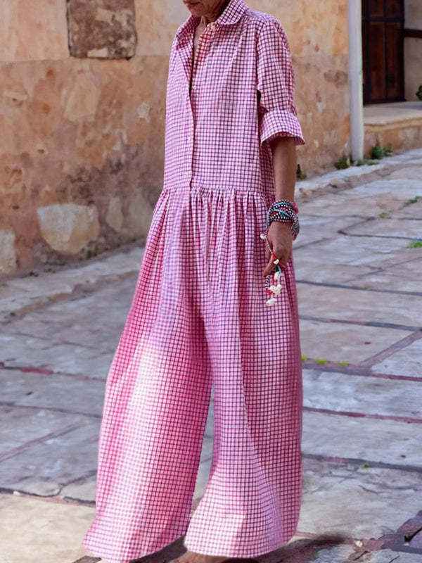 Fashion  Style Plaid Shirt Collar Long Sleeve Jumpsuit