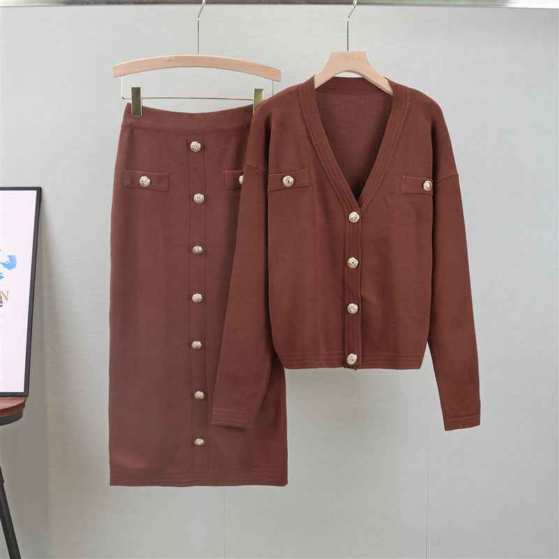 European and American small fragrant style cardigan sweater half body hip skirt two-piece set knitted set