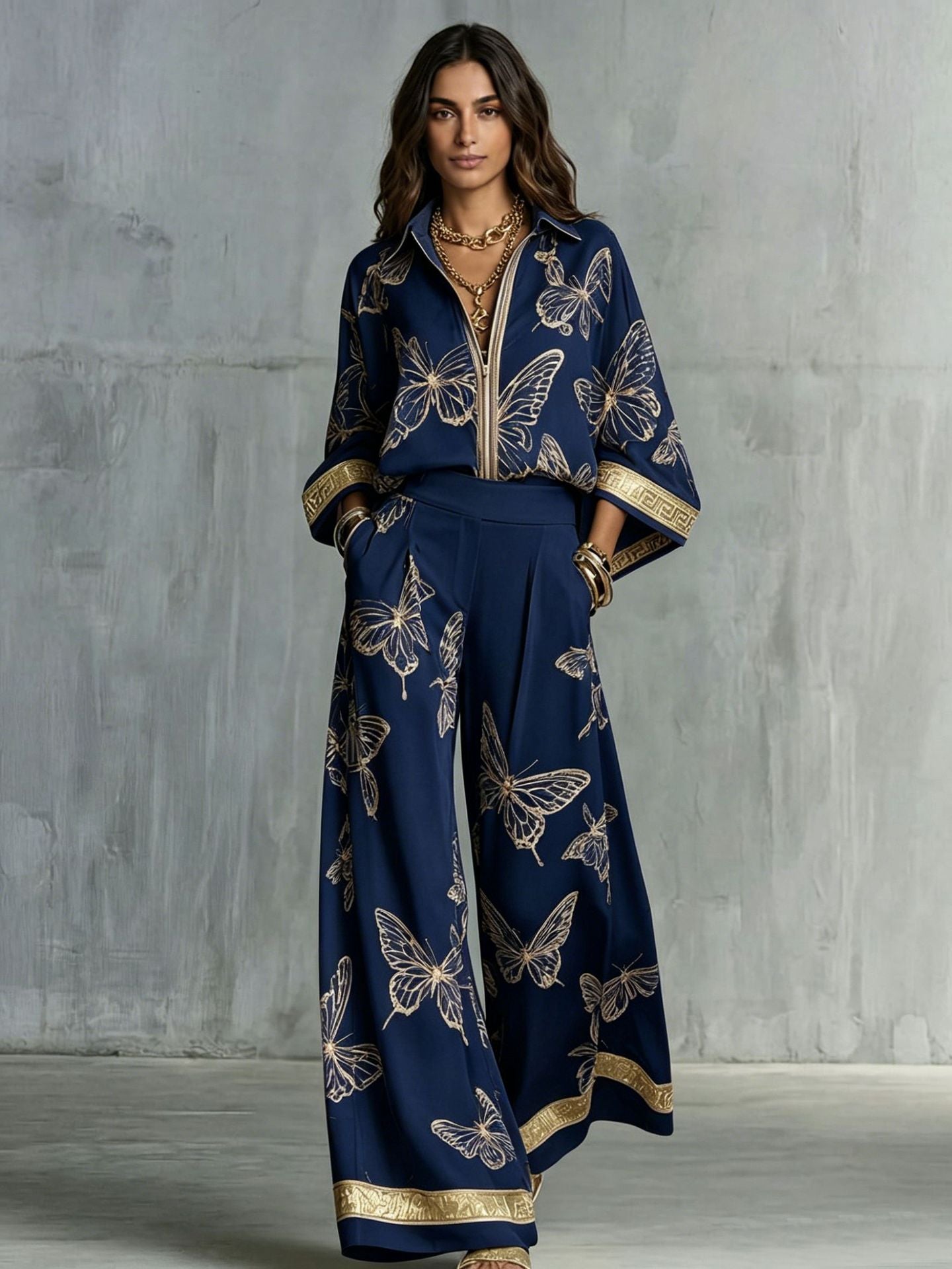 Style Women's Retro Printed Sexy Deep V Neck Loose Zipper Top with Wide Leg Pants Two-Piece Set eprolo