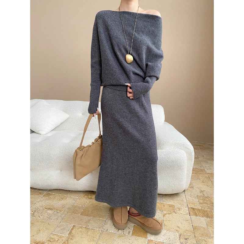 French-style Batwing Sleeve Off-Shoulder Knit Sweater and Skirt Two-Piece Set
