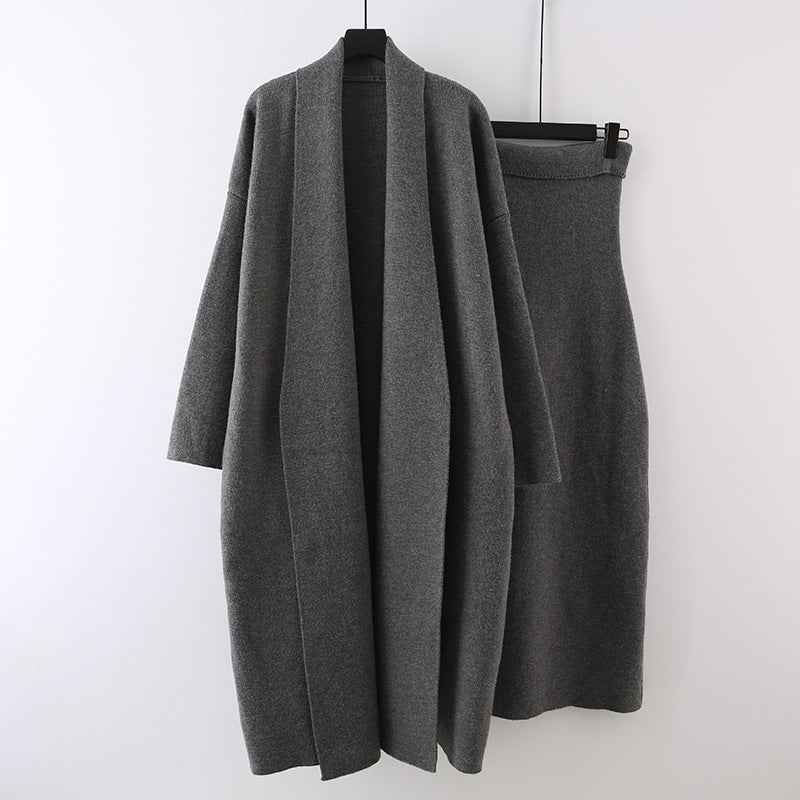 Autumn and winter lazy style mid length knitted jacket strapless dress two-piece set