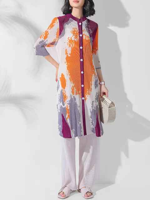 Folded print long jacket pants two-piece set stand collar button top wide leg pants two-piece set