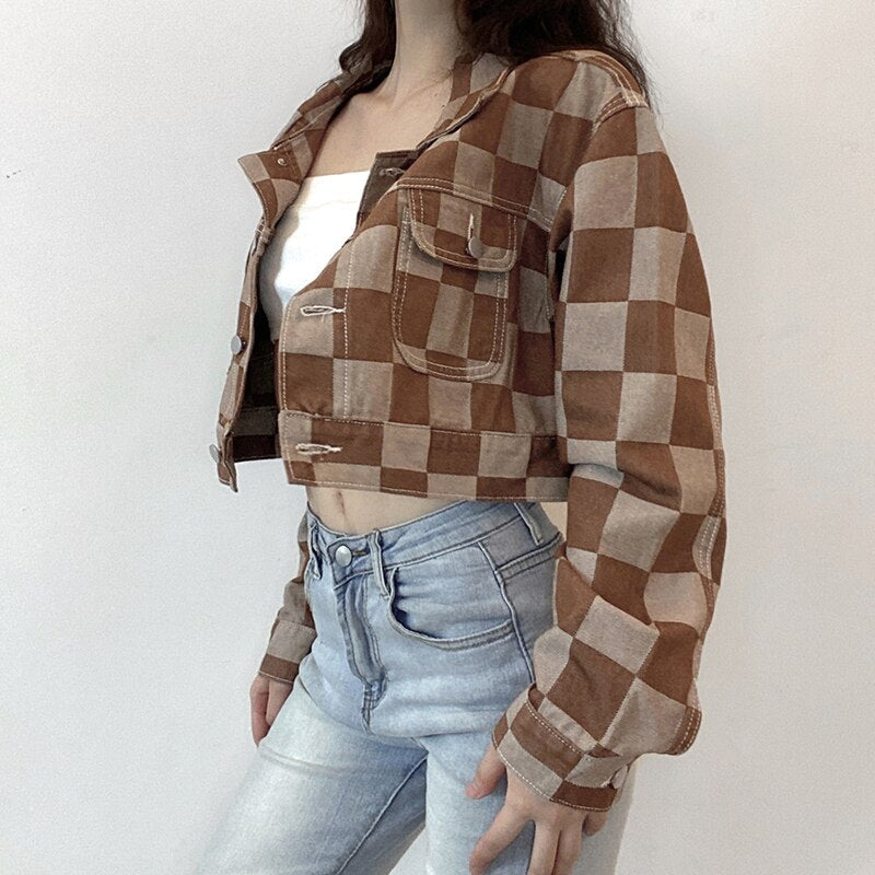 Vintage Brown Plaid Print Short Denim Jacket Women Korean Style Button Loose Jeans Coat Autumn Harajuku Outerwear 90s Iamhotty eprolo