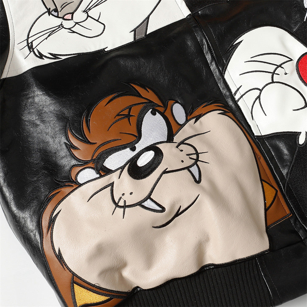 Embroidery creative cartoon loose collar leather jacket