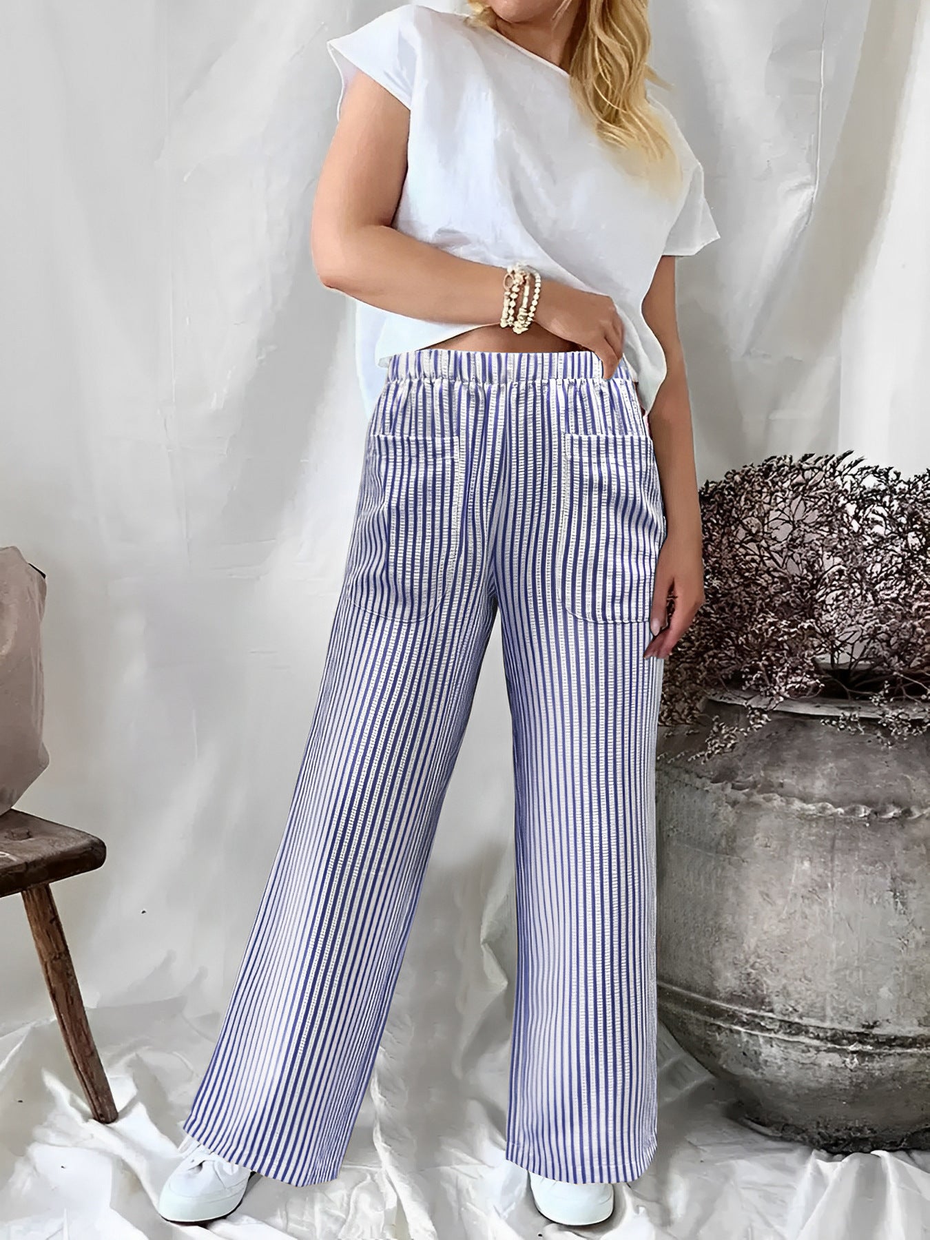 Fall Winter New Women's Loose Striped Pocket Fashion Casual Wide Leg Pants