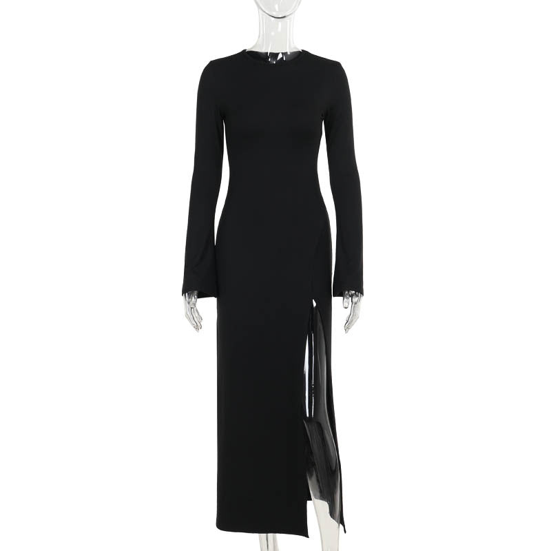 Sexy slit slightly flared long sleeved collar dress for women