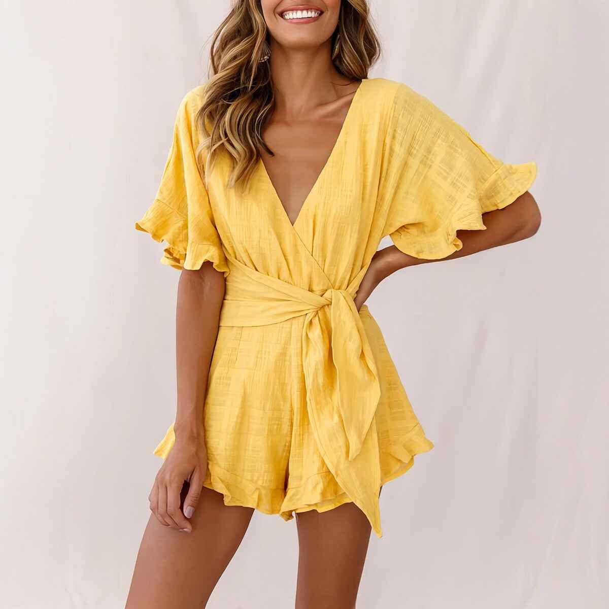 V-Neck Tie-Waist Yellow Dress Short Sleeve Vacation Fashion Women's Dress