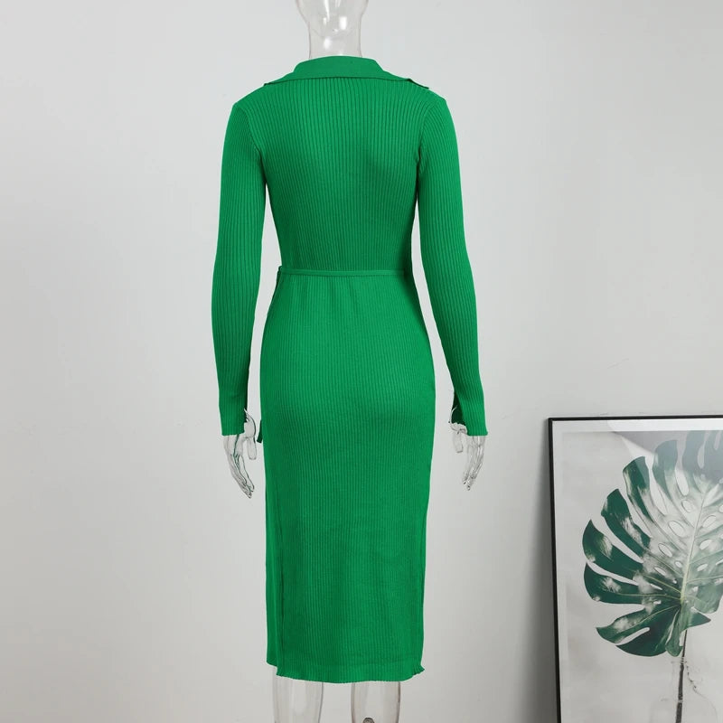 Women's V-neck Split Knitting Wrap Dress Lace Up Ribbed Polo Collar Sexy Party Dresses For Women Green Long Robe Autumn Elegant eprolo