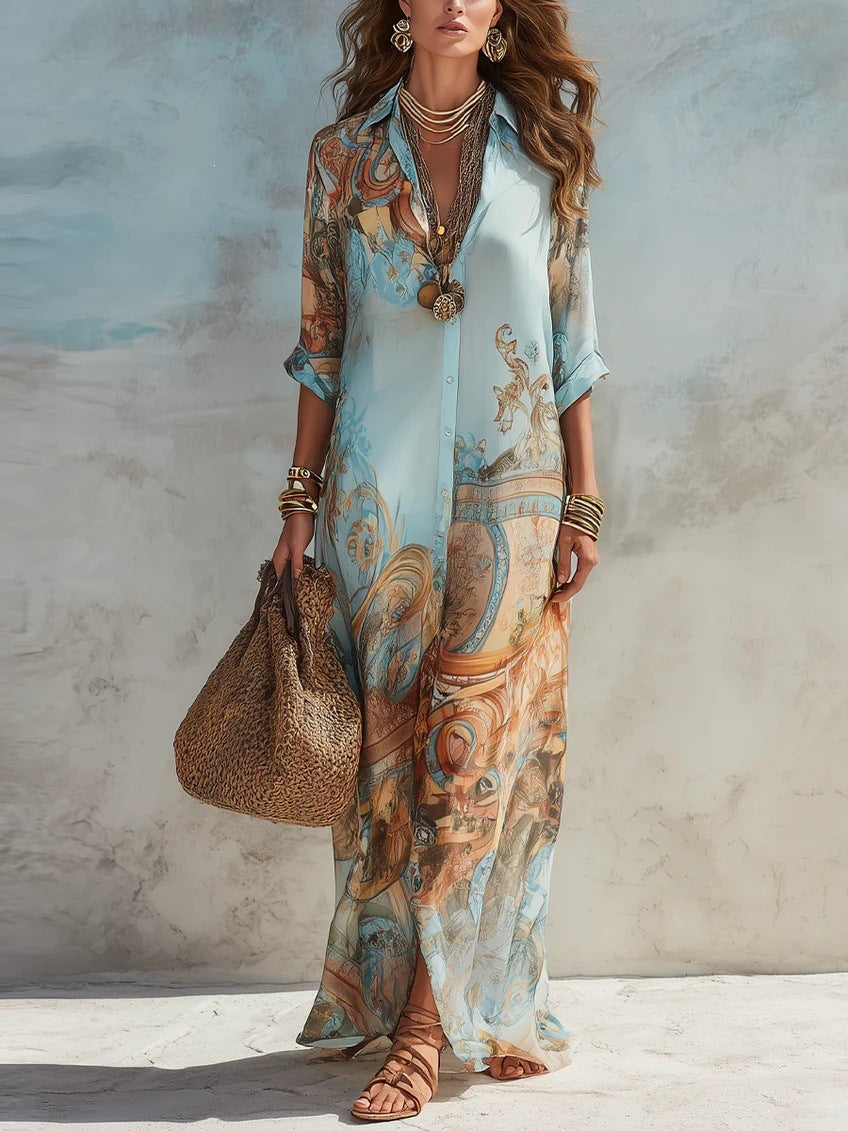 Chiffon Digital Print Fresh Vintage Flowy Women's Dress