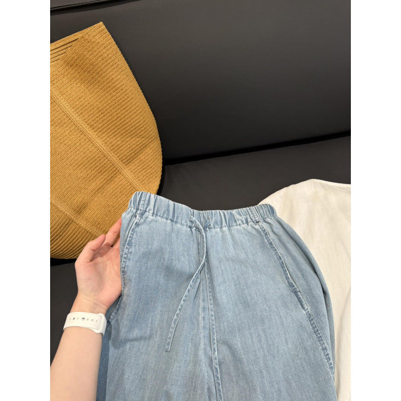 Vintage Washed Drawstring High-Waisted Wide-Leg Pants for Women, Lightweight Summer Loose-Fit Tencel Linen Pants, Slimming and Comfortable Design eprolo