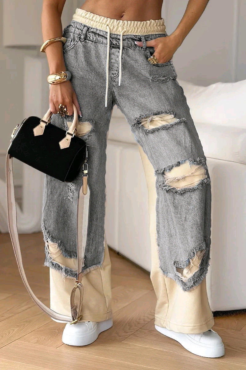 Street Style High-Waisted Tied Spliced Ripped Denim Pants for Women eprolo