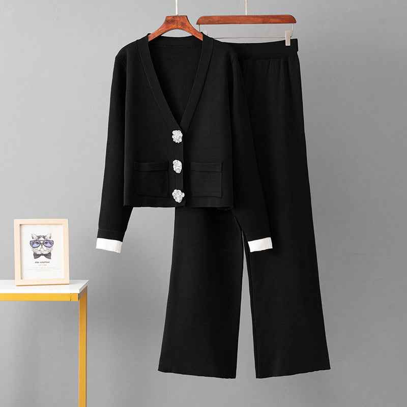Cardigan suit sweater+slim straight leg pants two-piece set