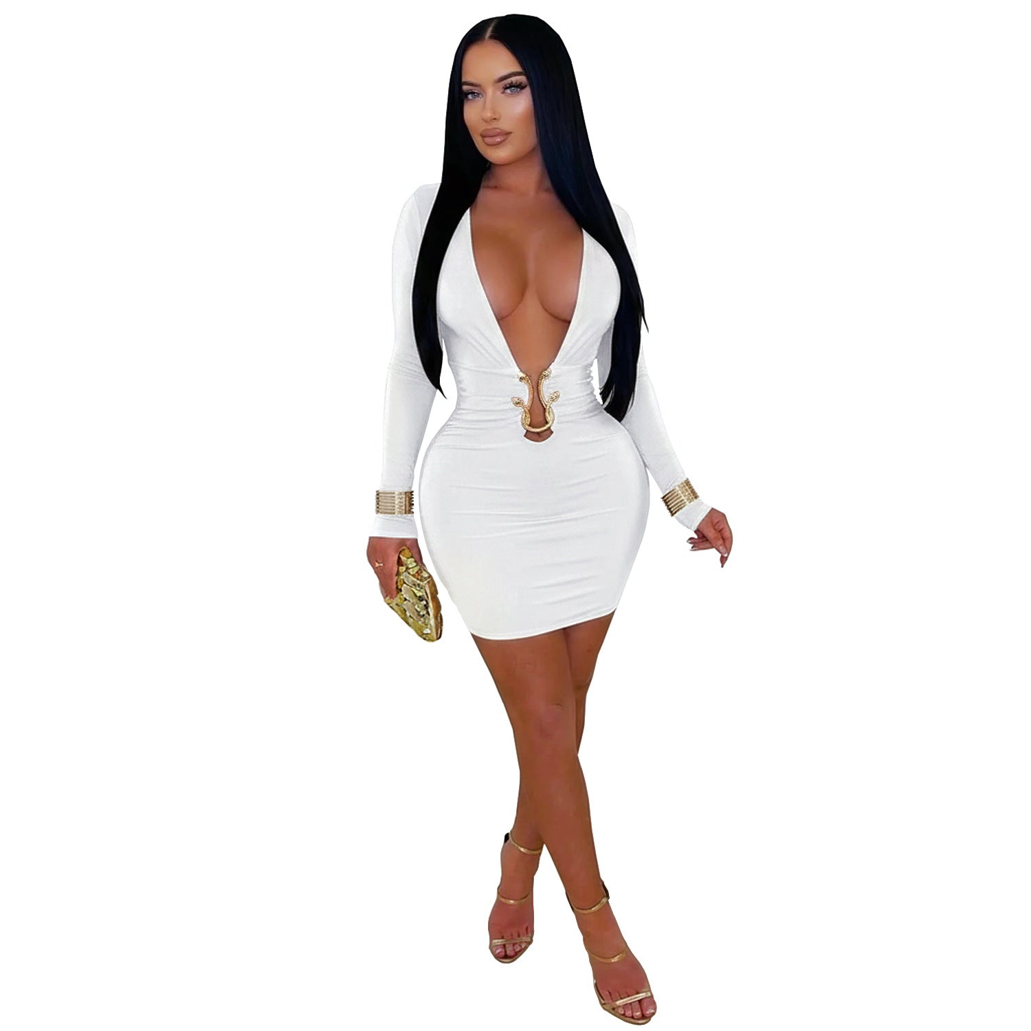 Fashionable Women's Sexy Deep V-Neck Bodycon Dress with Snake Pattern Accessories