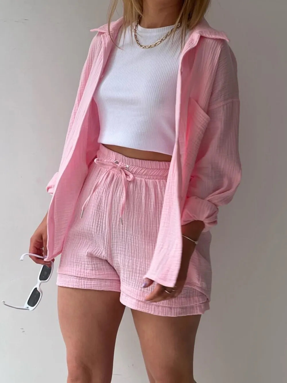 Texture Button Up Shirt and Drawstring Shorts Set - CHIC TB