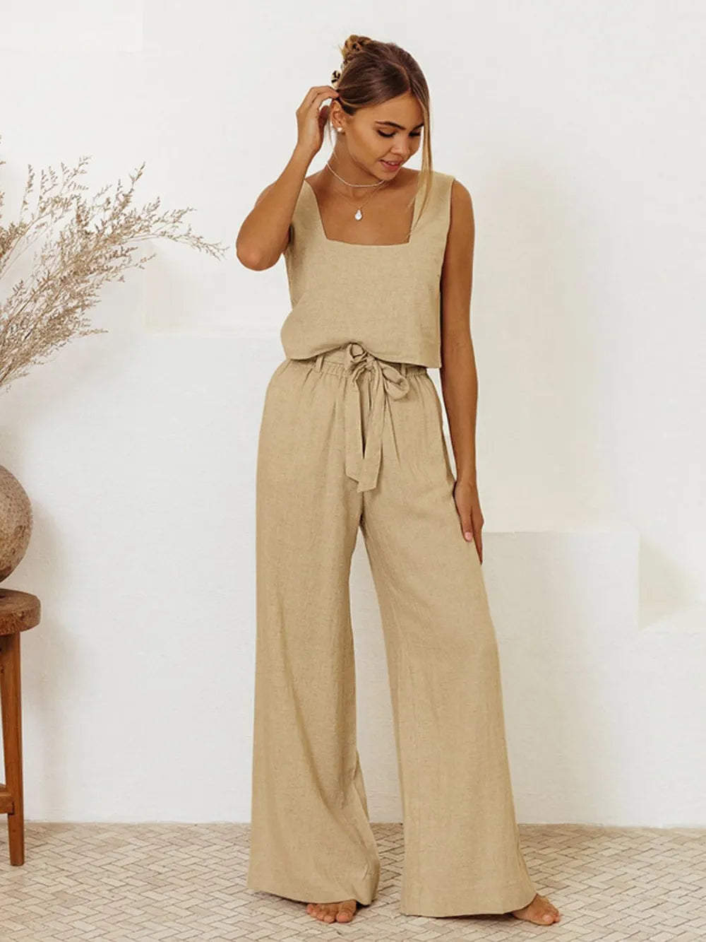 Square Neck Sleeveless Top and Pants Set - CHIC TB