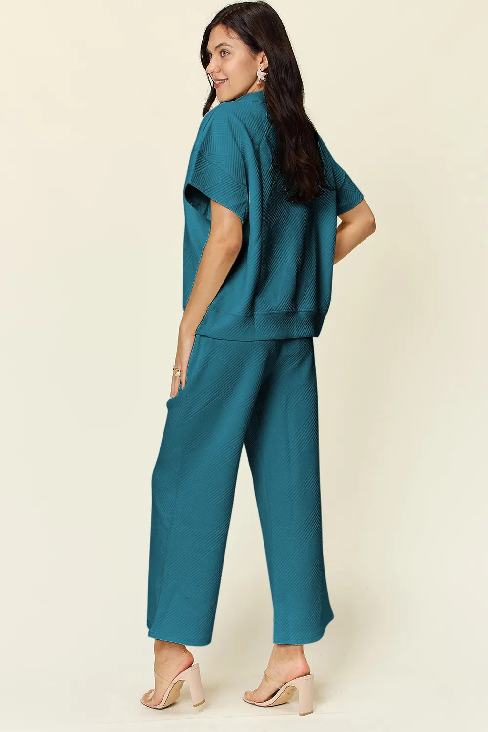 Full Size Texture Half Zip Short Sleeve Top and Pants Set.