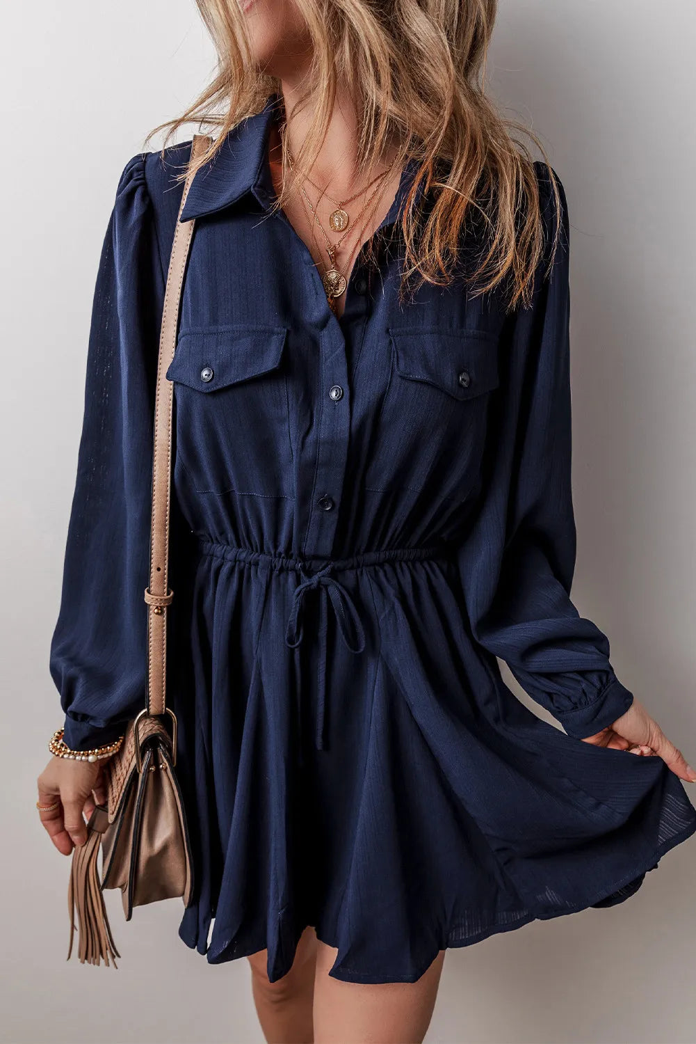 Drawstring Half Button Long Sleeve Dress.
