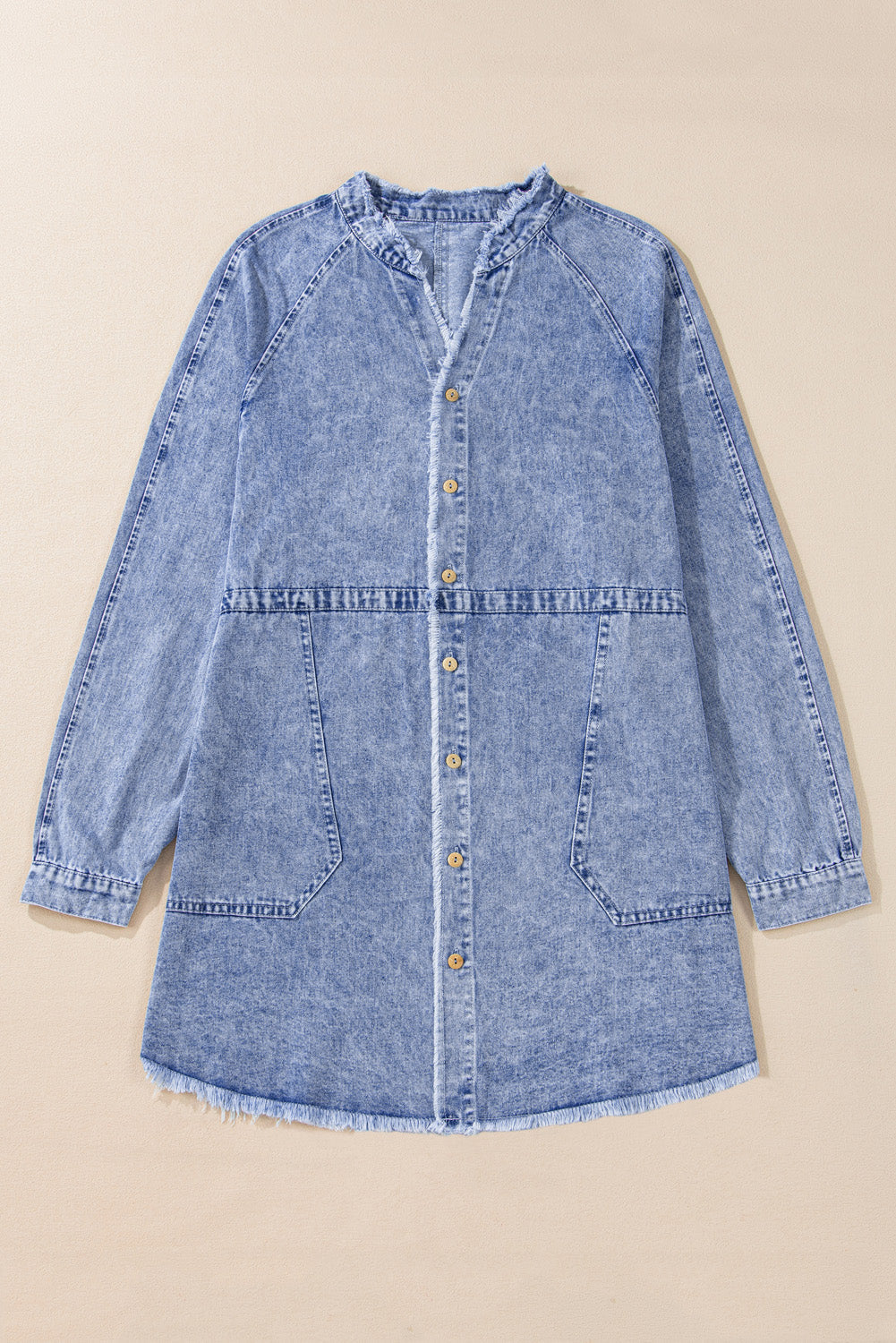 Beau Blue Mineral Wash Long Sleeve Button Up Raw Hem Pocketed Denim Dress Dear-Lover Dropshipping